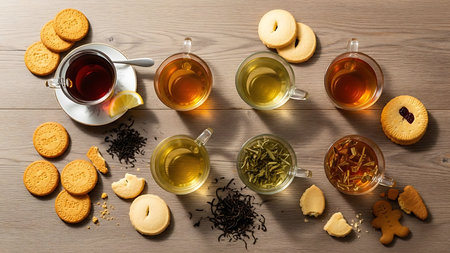 Various kinds of tea and cookies on wooden background. Top view.の素材