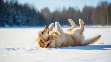 Two golden retriever puppies playing in the snow on a sunny winter dayの素材