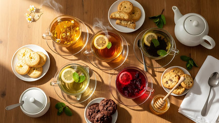 cup of tea with lemon and cookies on wooden table, top viewの素材