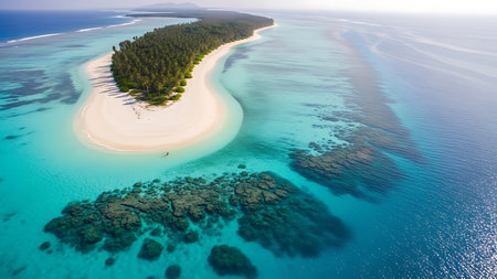 Aerial view of tropical island with white sand beach, turquoise water and coral reef.の素材