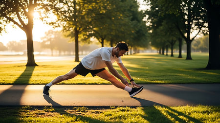 Young man running in the park at sunrise. Healthy lifestyle concept.の素材