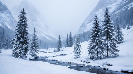 Fantastic winter landscape with snow covered fir trees and river in mountainsの素材