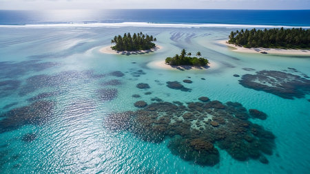 Aerial view of tropical island with white sand beach and coral reefの素材