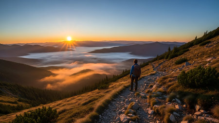 Hiker on top of the mountain during sunrise. Carpathians, Ukraineの素材