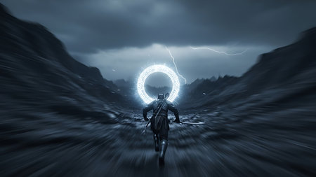 Man with sword and lightnings in the background. 3d renderingの素材
