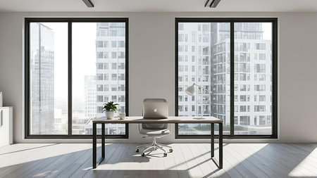 Interior of modern office with white walls, wooden floor, white computer table and window with blurry cityscape. 3d renderingの素材