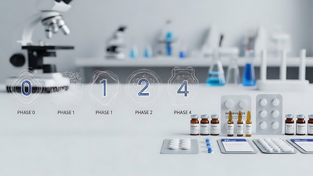 Microscope and medical vials on table in laboratory 3D renderingの素材