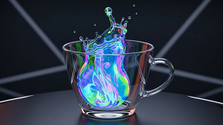 Splash in a glass cup on a black background. 3d renderingの素材