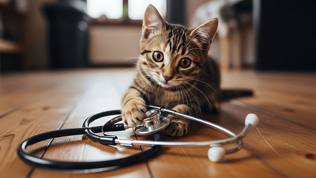 Cute bengal cat lying on wooden floor with stethoscope.の素材