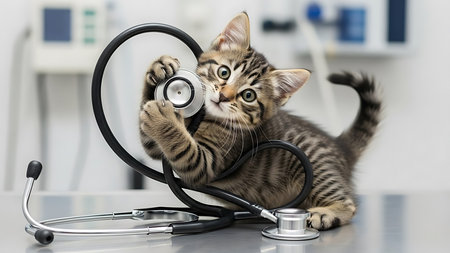 Cute tabby kitten with a stethoscope on the tableの素材