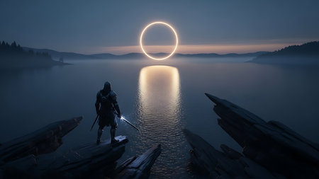 Fisherman on the lake at sunset. Fantasy landscape. 3d renderingの素材