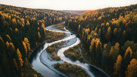 Aerial view of the river in the autumn forest at sunset.の素材