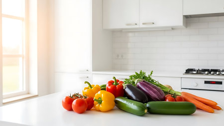 Fresh vegetables on white table in modern kitchen. Healthy food concept.の素材