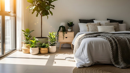 Cozy bedroom interior with white bed, pillows and plant in pots.の素材