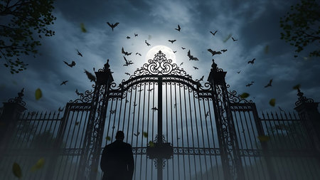 Silhouette of a man standing in front of an iron gate at nightの素材