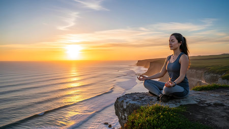 Young woman practicing yoga on the seashore at sunrise. Healthy lifestyle concept.の素材