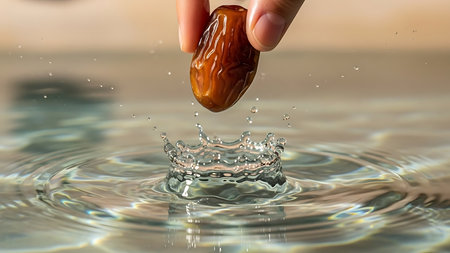 Dates falling into water with a drop of water on it.の素材