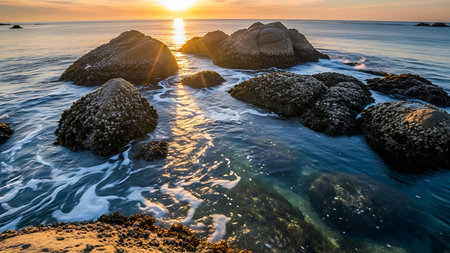 Beautiful sunset over the sea with rocks and waves on the beachの素材