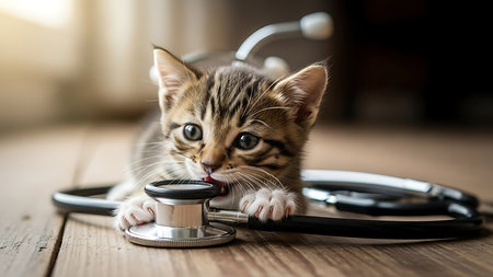 Cute little kitten with stethoscope on wooden table. Health care concept.の素材