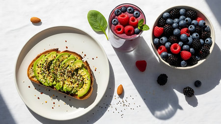 Healthy breakfast with toast, avocado, berries and mint on a white background.の素材