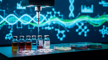 Microscope and test tubes with blood samples in laboratory. 3d renderingの素材