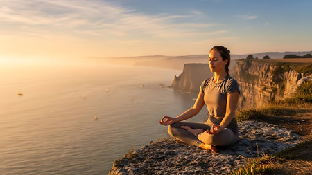 Young woman practicing yoga on the cliff edge at sunset. Yoga concept.の素材