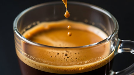 Coffee pouring into a glass cup on black background, close upの素材