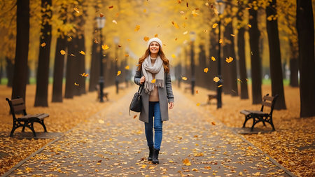 Beautiful young woman in the autumn park with falling yellow leaves.の素材