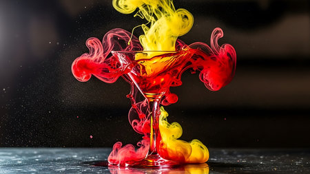 Colorful splashes in a martini glass on a black backgroundの素材