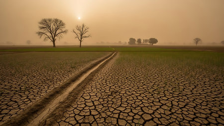 Dry land and trees in the middle of the rice field.の素材