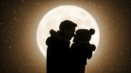 Silhouette of loving couple kissing on the background of the moonの素材