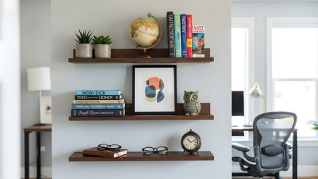 Bookshelf with books, alarm clock and glasses in modern officeの素材