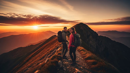 Couple hiking in the mountains at sunset. Couple walking on the top of the mountain.の素材