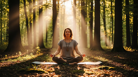 Young woman practicing yoga in the forest at sunrise. Healthy lifestyle concept.の素材