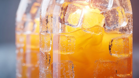 Close-up of ice cubes with orange juice in plastic bottles.の素材