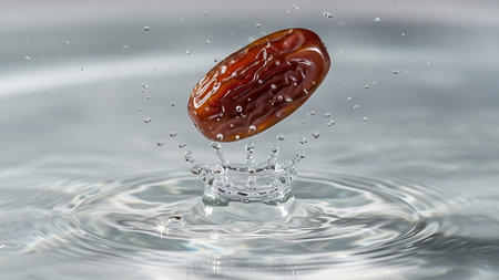Dates falling into water with a drop of water splashing on itの素材