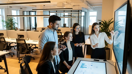 Group of business people in smart casual wear working together in modern office.の素材