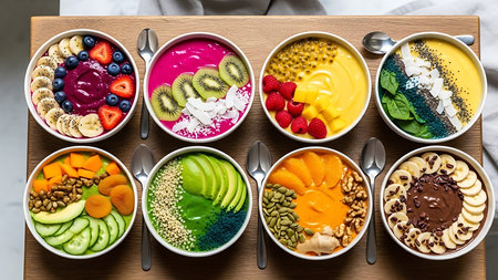 Healthy breakfast bowls with smoothies, berries, chia seeds and oat flakesの素材