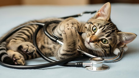 Tabby cat lying on a stethoscope and looking at cameraの素材