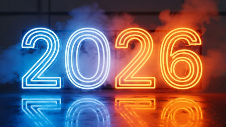 Happy New Year 2016. Colorful neon numbers on dark background. 3D renderingの素材