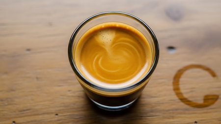 coffee latte art in glass on wooden table, stock photoの素材