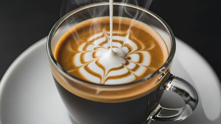 cup of coffee with latte art on black background, close upの素材