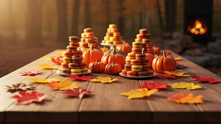 Wooden pyramid of pumpkins and candies on wooden table outdoorsの素材