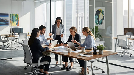 Group of business people working together in the modern office. Teamwork conceptの素材