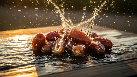 Close up of fresh dates fruits falling in water with bokeh backgroundの素材