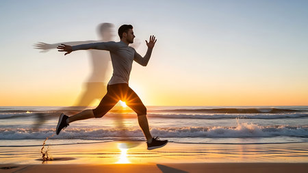 Conceptual image of young man running on the beach at sunriseの素材