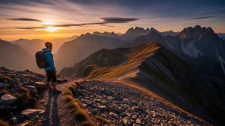 Hiker on the top of a mountain at sunset in the summerの素材