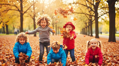 Group of happy children playing with autumn leaves in the park. Selective focus.の素材