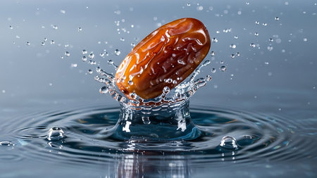 Dates fruit falling in water with splash and ripples on blue backgroundの素材