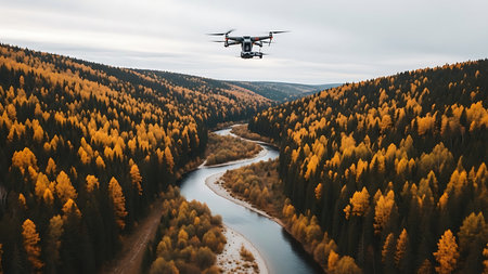 Drone flying over the river in the autumn forest. Aerial viewの素材